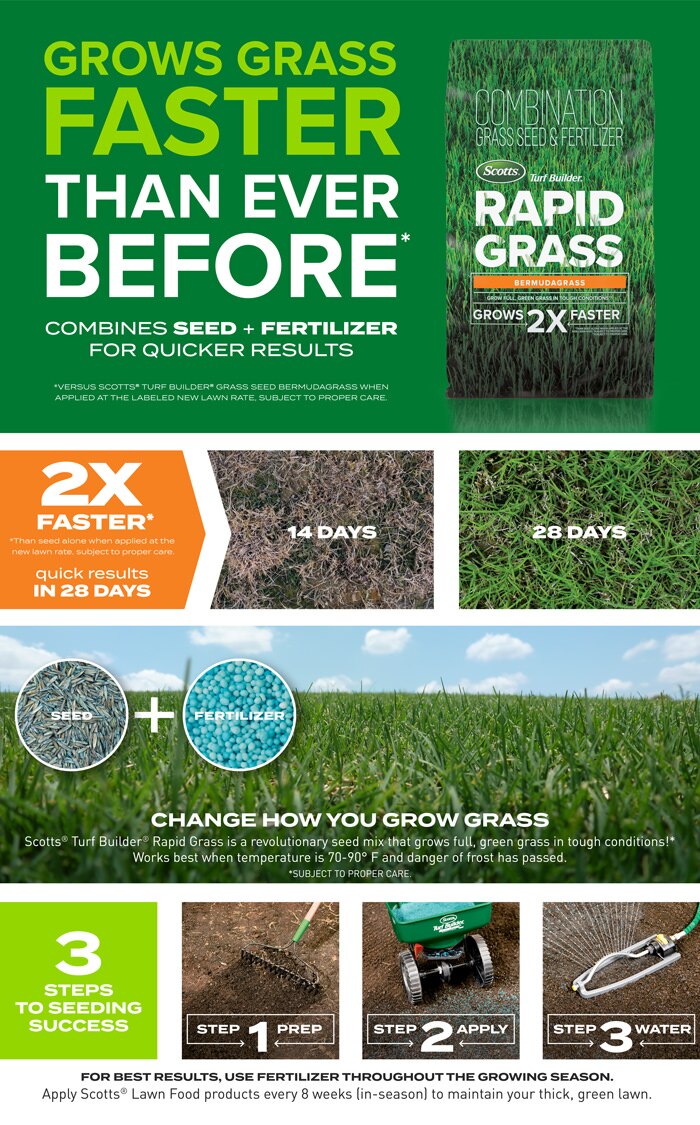 Grows full, green grass faster than ever before in tough conditions. Scotts Turf Builder Rapid Grass Bermudagrass. 2 times faster. Combines seed and fertilizer for quick results in 28 days. 